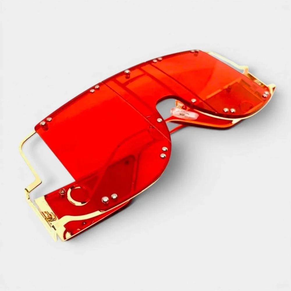 Shield Sunglasses Unisex OS Red NEW Oversized Futuristic Cyberpunk Gold Trim